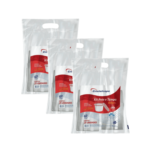 Kit com 3 Pacotes Pote com Tampa 1000ml Cristalcopo – 25 Unidades Cada - e - dona