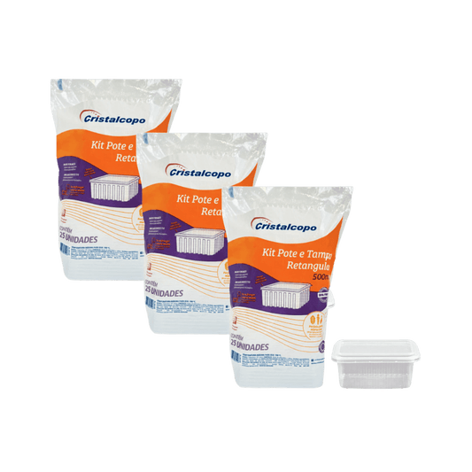 Kit com 3 Pacotes Pote Retangular 500ml com Tampa Cristal – 25 unidades cada - e - dona