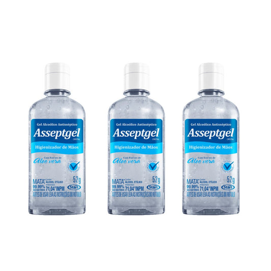 Kit de 3 Álcoois em Gel 71,04Á de bolso com Aloe Vera Asseptgel Cristal Start 52g - e - dona