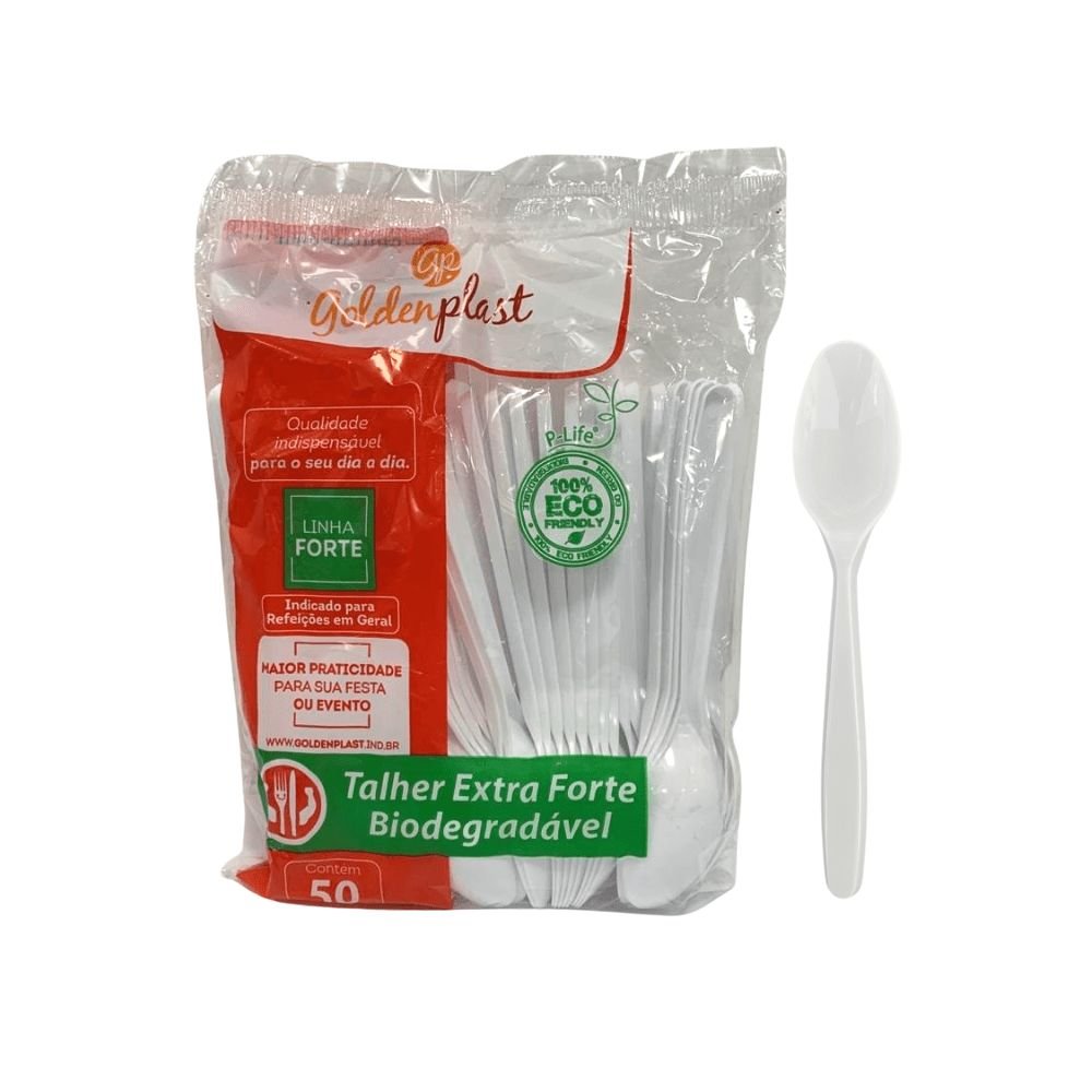 Kit de Colher para Refeição 17,5cm Branca Reforçada Biodegradável Goldenplast 2 Pacotes com 50 unidades - e - dona