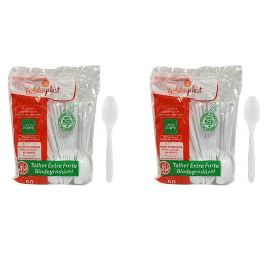 Kit de Colher para Refeição 17,5cm Branca Reforçada Biodegradável Goldenplast 2 Pacotes com 50 unidades - e - dona