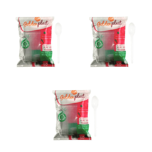 Kit de Colher para Refeição Linha Leve Biodegradável 15,5cm Cristal GoldenPlast 3 pacotes com 50 unidades - e - dona