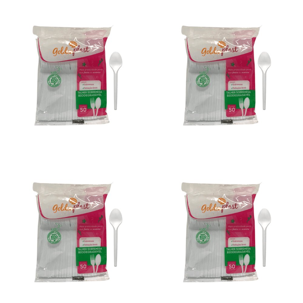 Kit de Colher para Sobremesa 12,2cm Branca Biodegradável Goldenplast 4 Pacotes com 50 unidades - e - dona