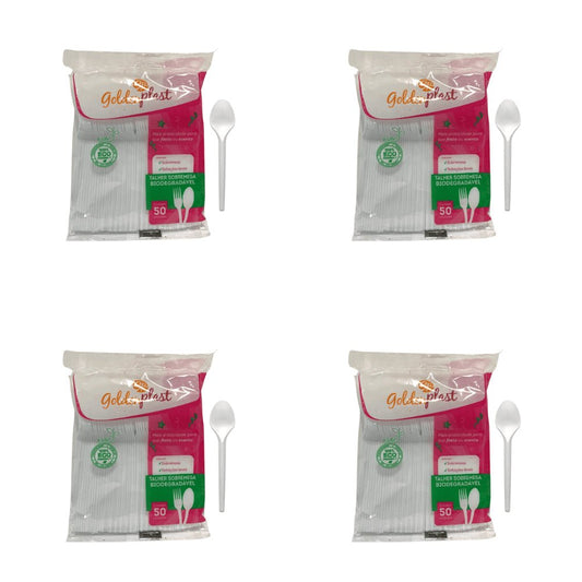 Kit de Colher para Sobremesa 12,2cm Branca Biodegradável Goldenplast 4 Pacotes com 50 unidades - e - dona