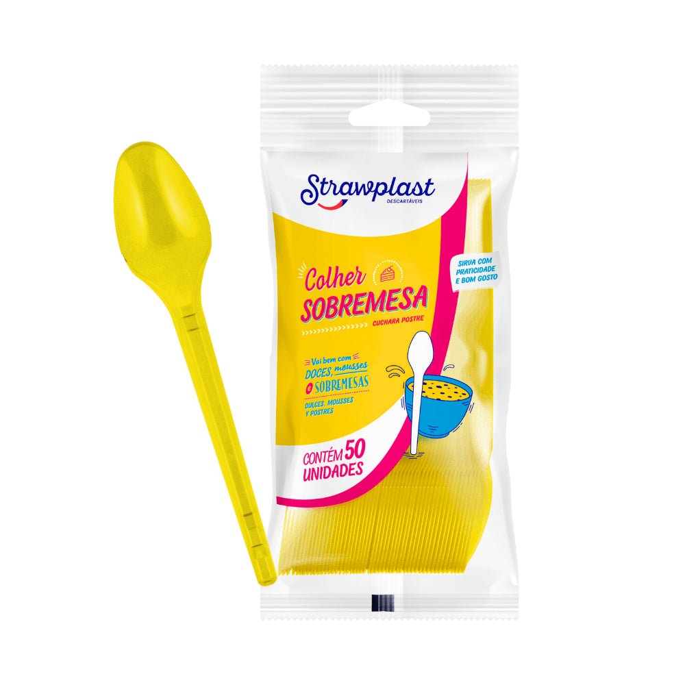 Kit de Colher para Sobremesa 12,35cm Amarela Strawplast 4 Pacotes com 50 unidades - e - dona