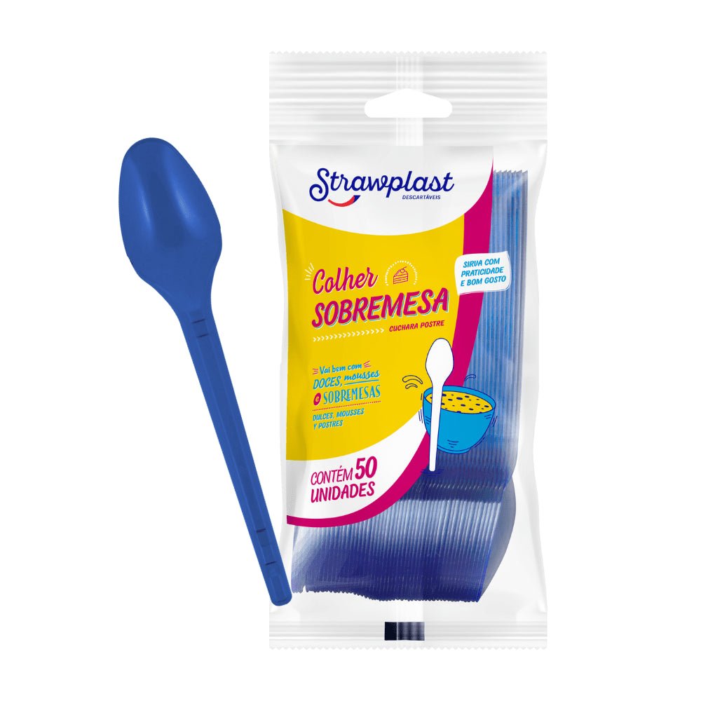 Kit de Colher para Sobremesa 12,35cm Azul Royal Strawplast 4 Pacotes com 50 unidades - e - dona