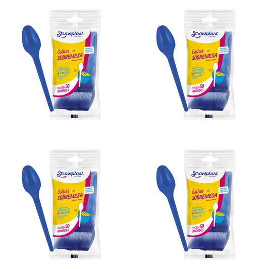 Kit de Colher para Sobremesa 12,35cm Azul Royal Strawplast 4 Pacotes com 50 unidades - e - dona