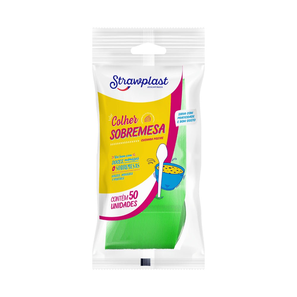 Kit de Colher para Sobremesa 12,35cm Verde Strawplast 4 Pacotes com 50 unidades - e - dona