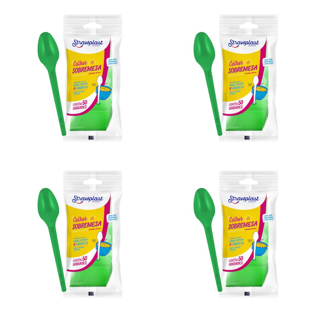 Kit de Colher para Sobremesa 12,35cm Verde Strawplast 4 Pacotes com 50 unidades - e - dona