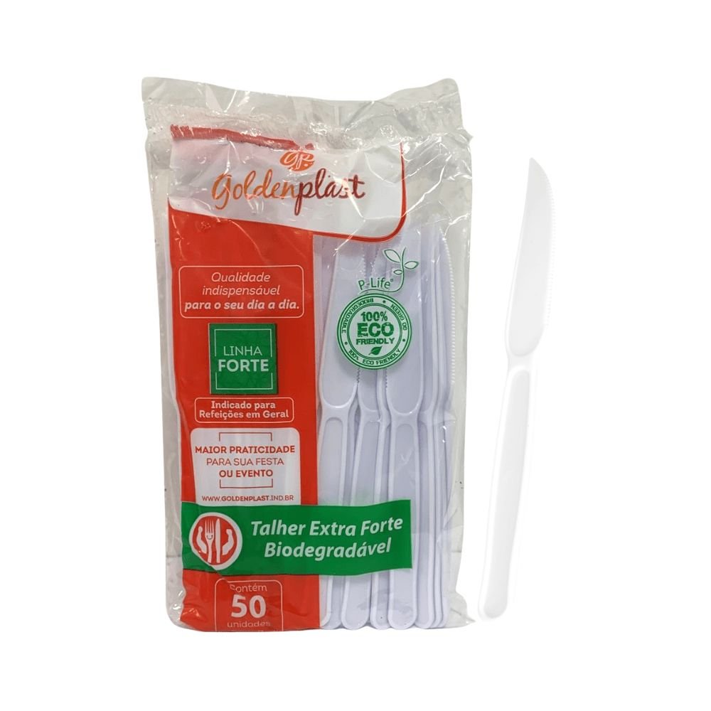 Kit de Faca para Refeição 17,5cm Branca Reforçada Biodegradável Goldenplast 2 Pacotes com 50 unidades - e - dona