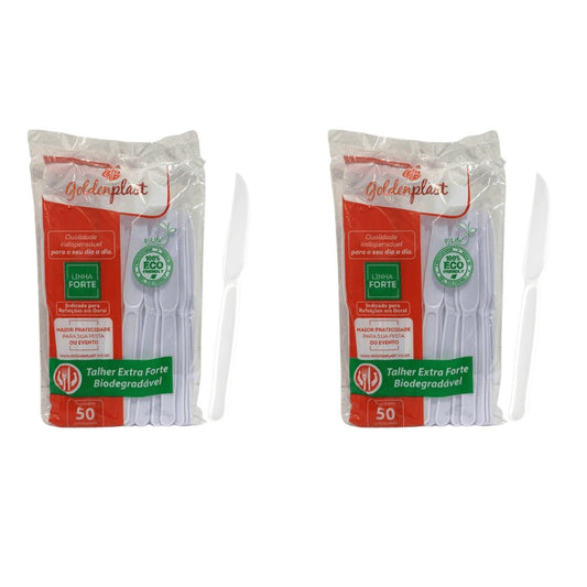 Kit de Faca para Refeição 17,5cm Branca Reforçada Biodegradável Goldenplast 2 Pacotes com 50 unidades - e - dona