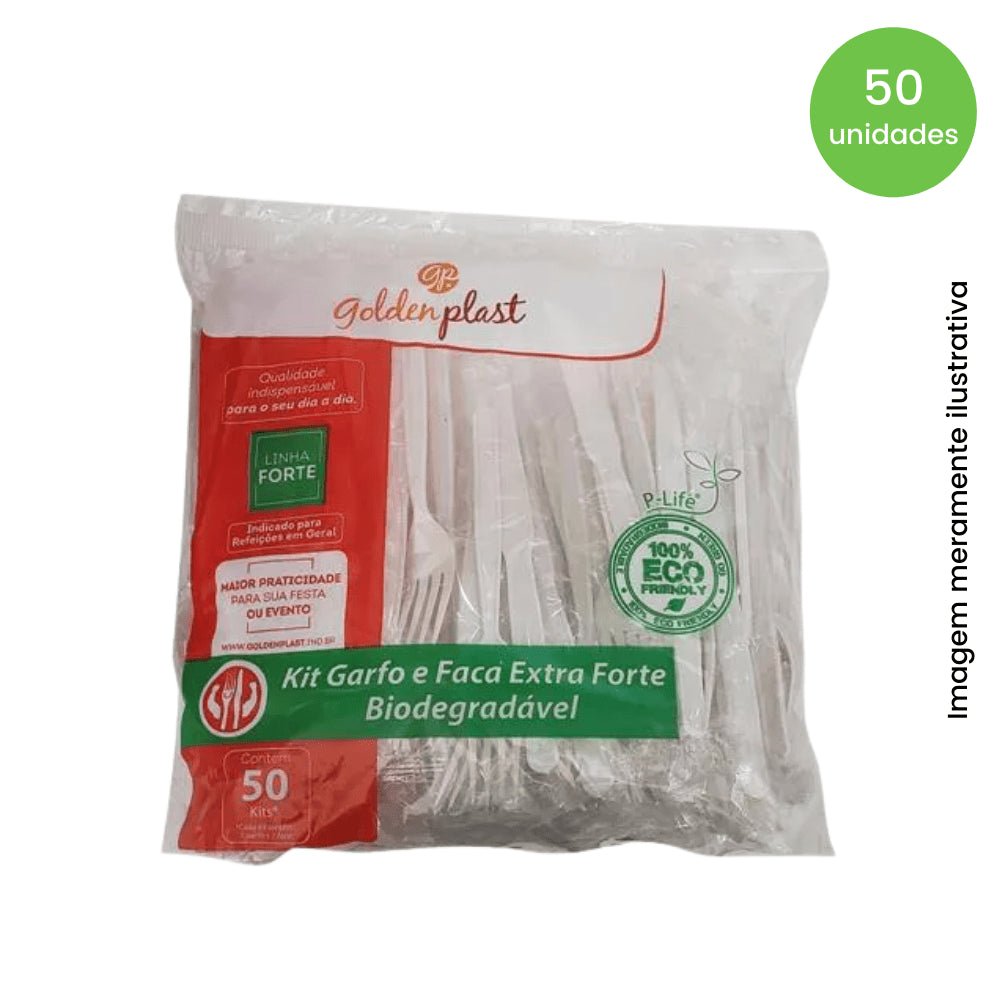 Kit de Garfo e Faca Reforçados 17,5cm Branco embalado individualmente Goldenplast com 50 unidades - e - dona