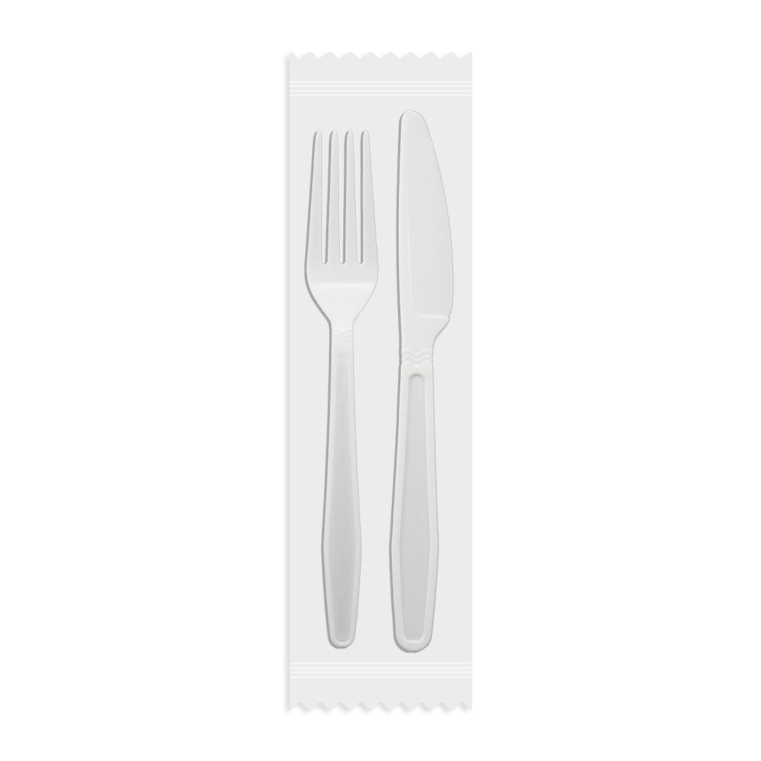 Kit de Garfo e Faca Reforçados 17,5cm Branco embalado individualmente Goldenplast com 50 unidades - e - dona