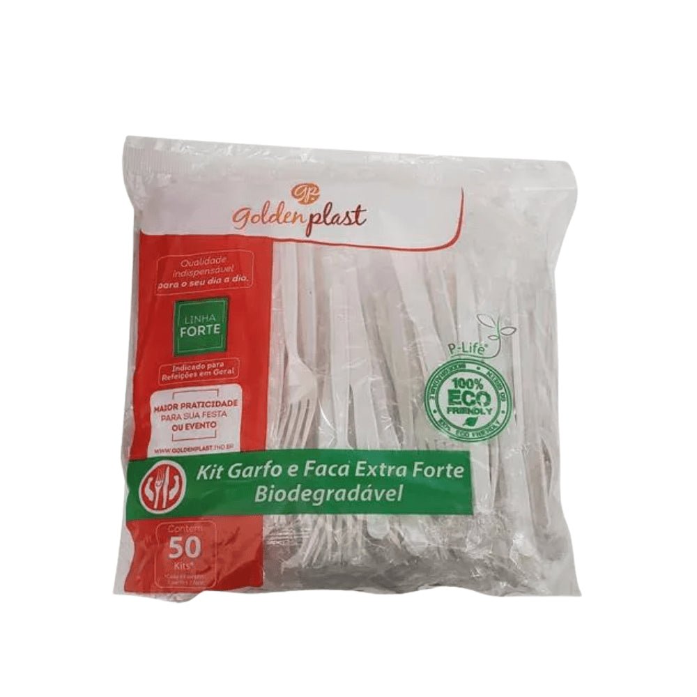 Kit de Garfo e Faca Reforçados 17,5cm Branco embalado individualmente Goldenplast com 50 unidades - e - dona