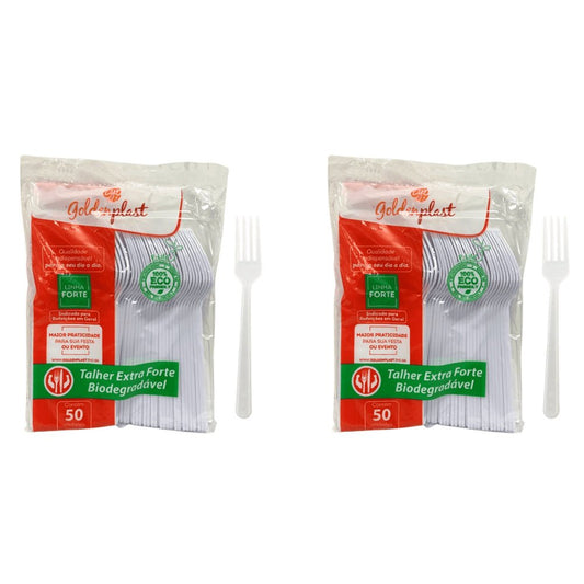 Kit de Garfo para Refeição 17,5cm Branco Reforçado Biodegradável Goldenplast 2 Pacotes com 50 unidades - e - dona