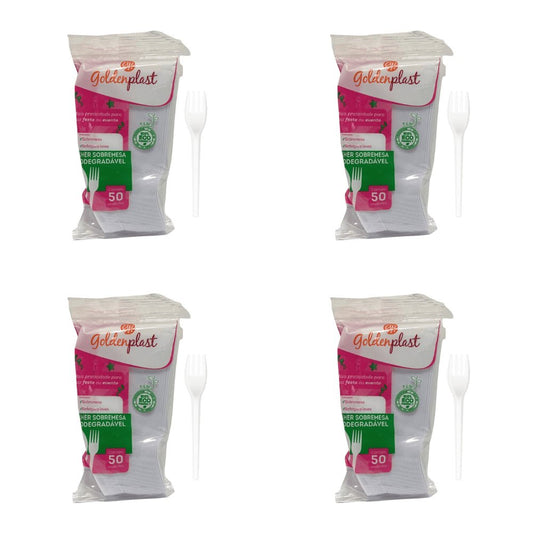 Kit de Garfo para Sobremesa 12,5cm Branco Biodegradável Goldenplast 4 Pacotes com 50 unidades - e - dona