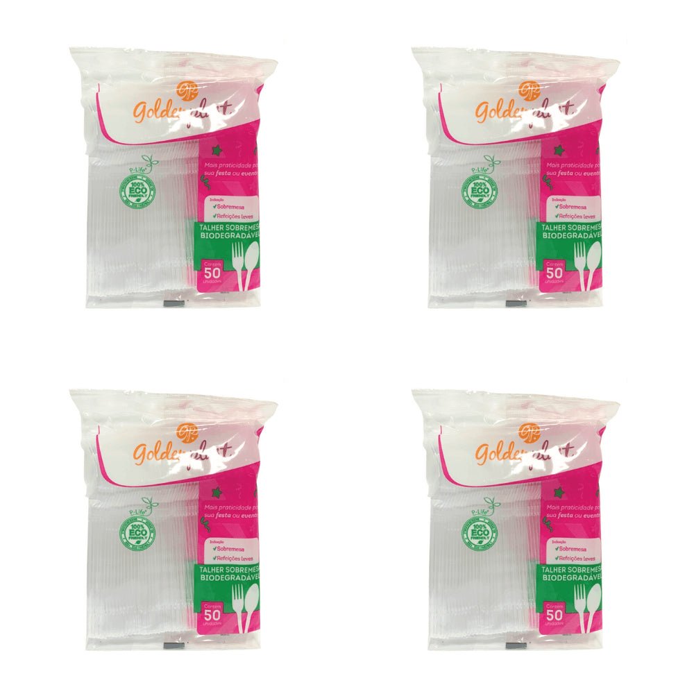 Kit De Garfo para Sobremesa 12,6cm Cristal Biodegradável Goldenplast 4 Pacotes com 50 unidades - e - dona