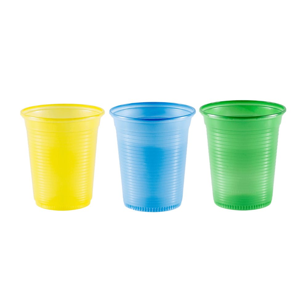 Kit Festa Copos 200ml Copaza nas cores Azul, Amarelo e Verde com 150 unidades para 45 pessoas - e - dona