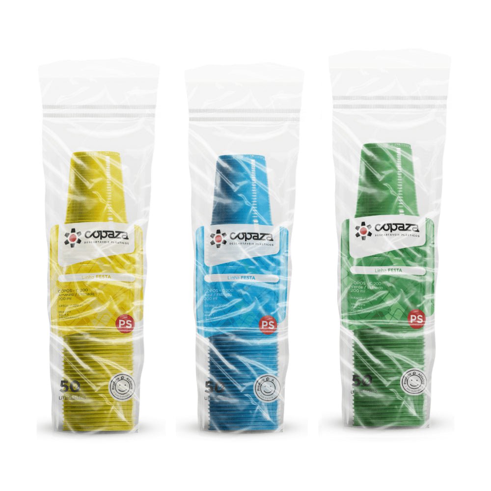 Kit Festa Copos 200ml Copaza nas cores Azul, Amarelo e Verde com 150 unidades para 45 pessoas - e - dona
