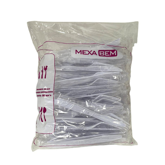 Kit Garfo e Faca Reforçado branco Embalado individualmente Mexa Bem com 50 unidades - e - dona