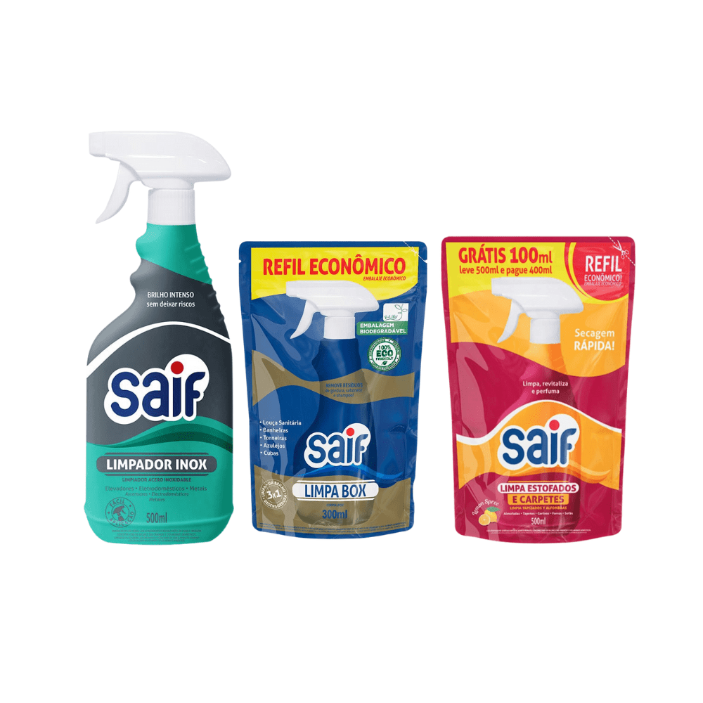 Kit Limpador Inox 500ml Saif + Limpa Box 300ml Saif + Limpa Estofados 500ml Saif - e - dona