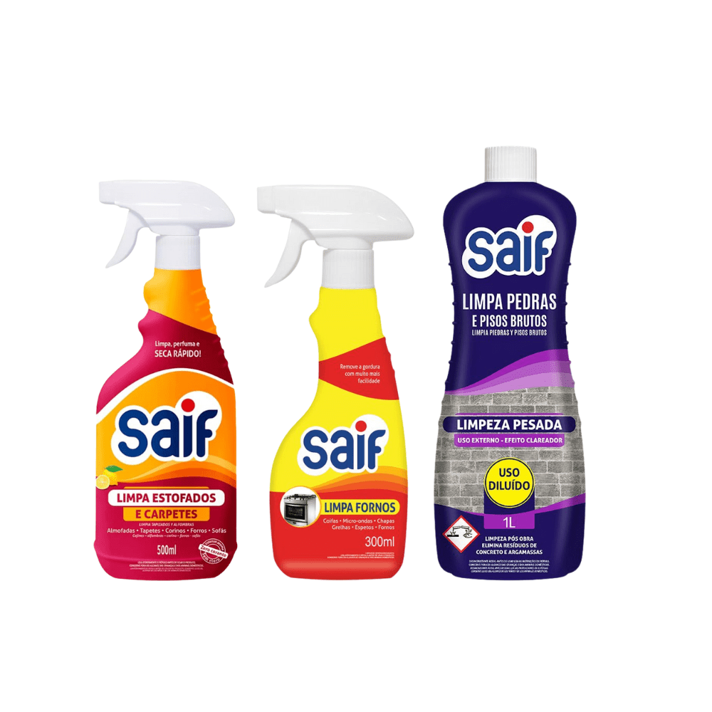 Kit Limpeza Completa Saif: Limpa Estofados, Limpa Fornos e Limpa Pedras e Piso Bruto - e - dona