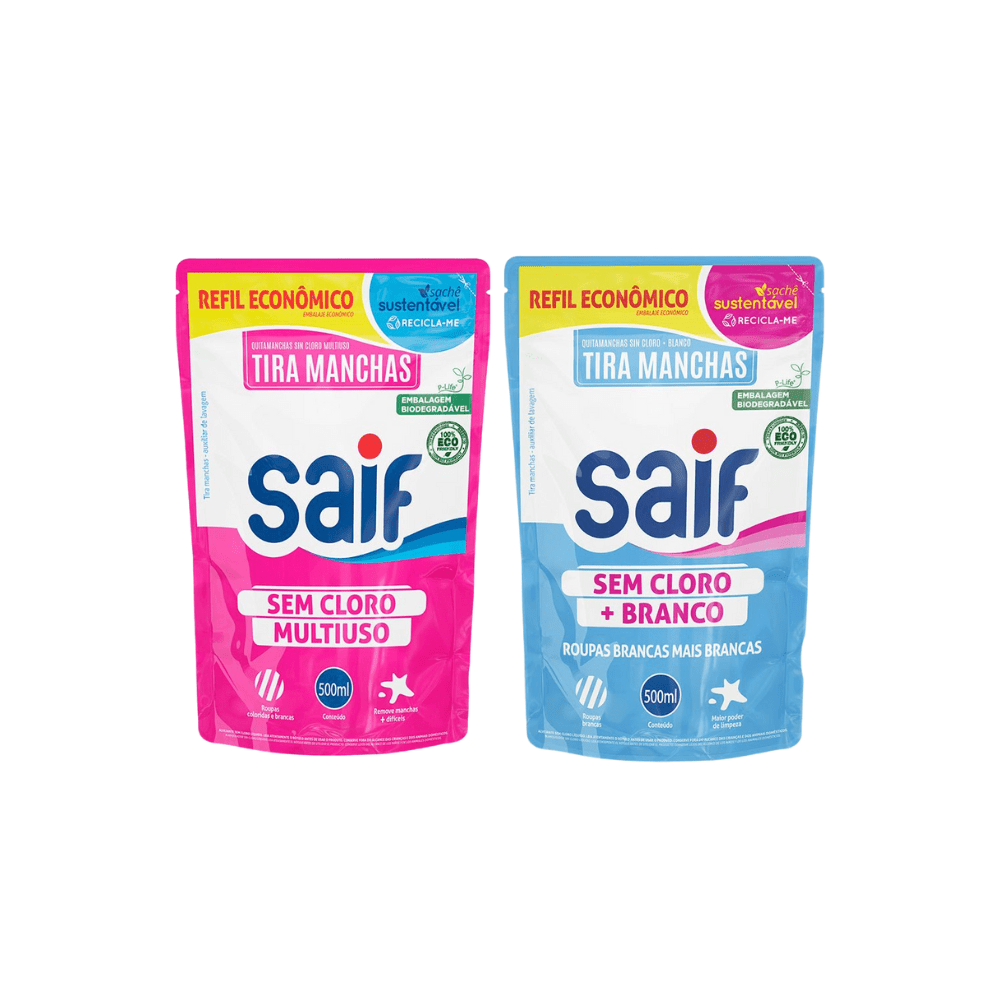 Kit Refil Tira Manchas 500ml Saif Sem Cloro + Tira Manchas 500ml Branco Sem Cloro - e - dona
