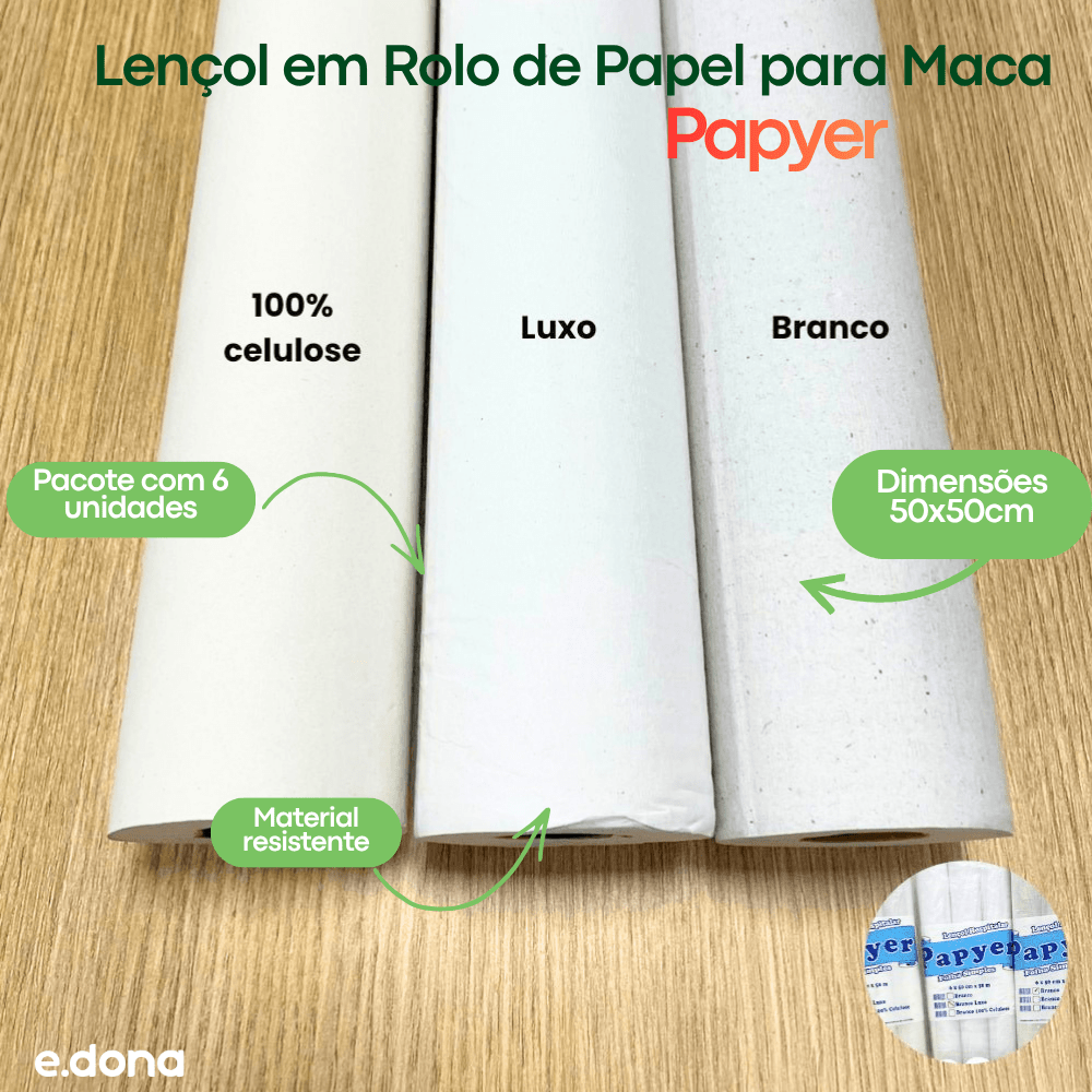 Lençol em Rolo de Papel para Maca Papyer 50x50cm Branco – 6 Unidades - e - dona