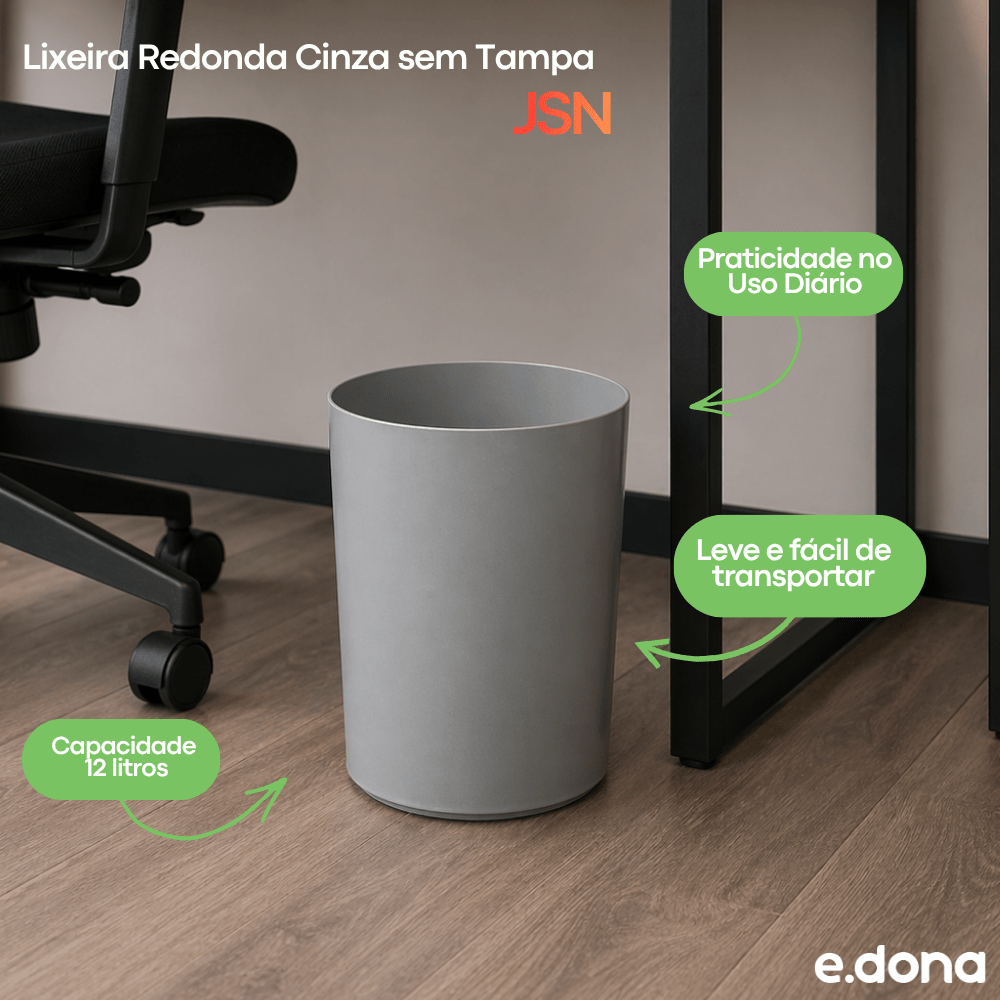 Lixeira 12L Redonda Cinza sem Tampa JSN - e - dona