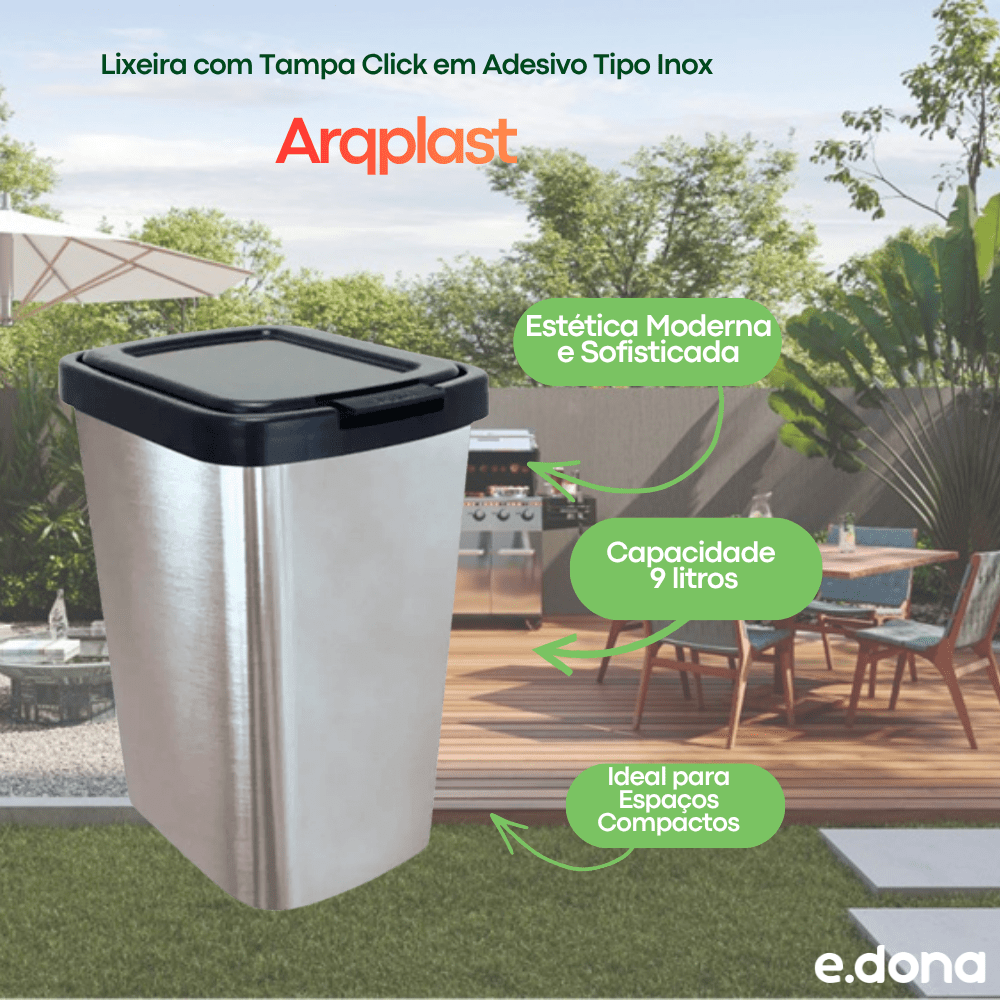 Lixeira 9L com Tampa Click em Adesivo Tipo Inox Arqplast - e - dona