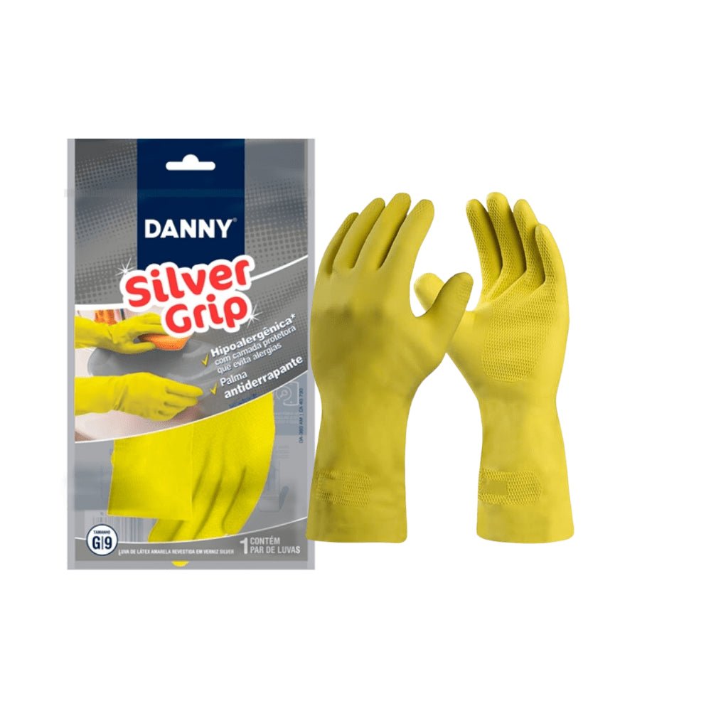 Luva de látex hipoalergênica Amarela Silver Grip M Danny - CA 40730 ideal para o manuseio de alimentos e ambiente frigorífico - e - dona