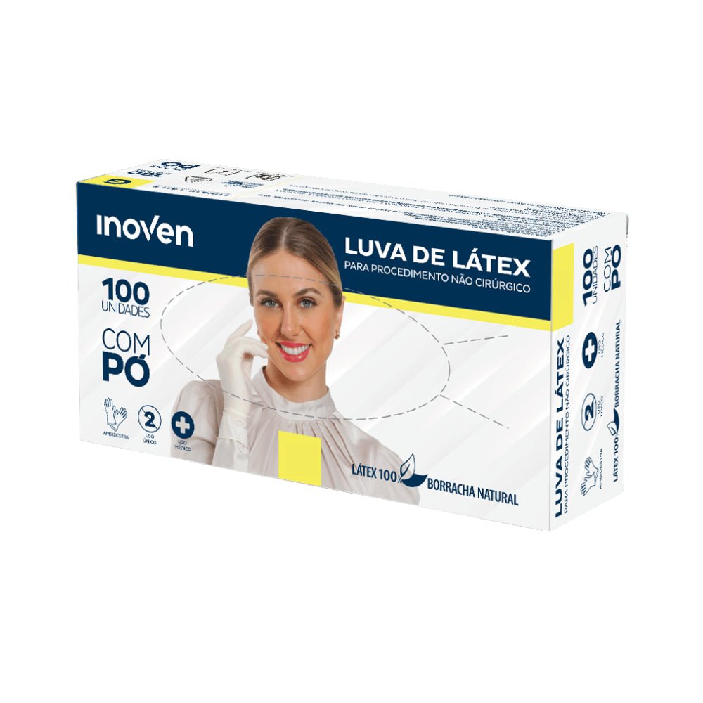 Luva de Látex Procedimento Não Cirúrgico M com Pó Inoven com 100 unidades CA 45834 Indicado para área da saúde - e - dona