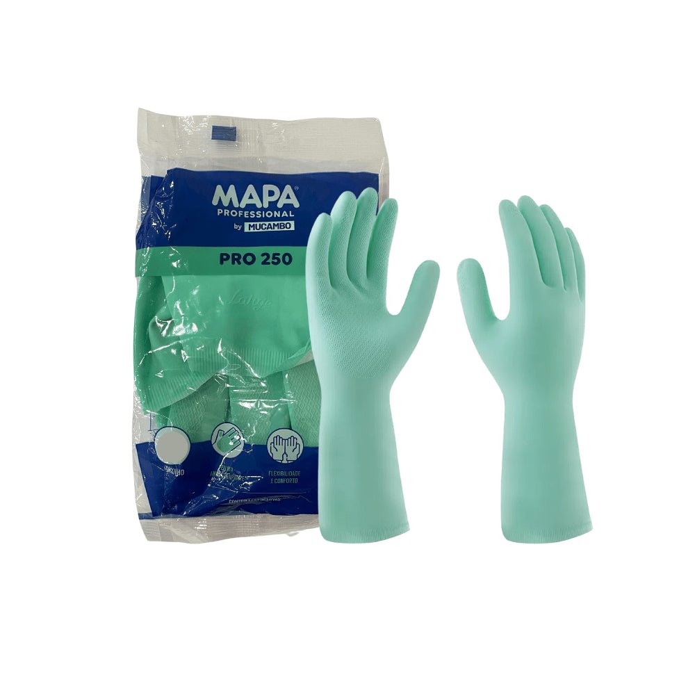 Luva de Látex Verde forrada M Mucambo - Pro 250 CA 2429 Resistente a produtos químicos, mecânica adequada ao contato alimentício - e - dona