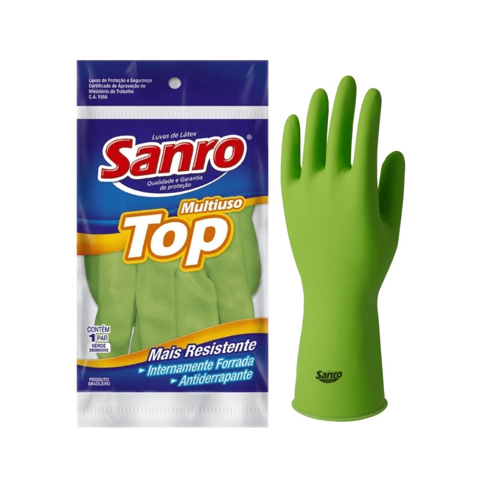 Luva de látex Verde XG TOP Sanro CA 40045 para limpeza, higiene e trabalhos gerais - e - dona