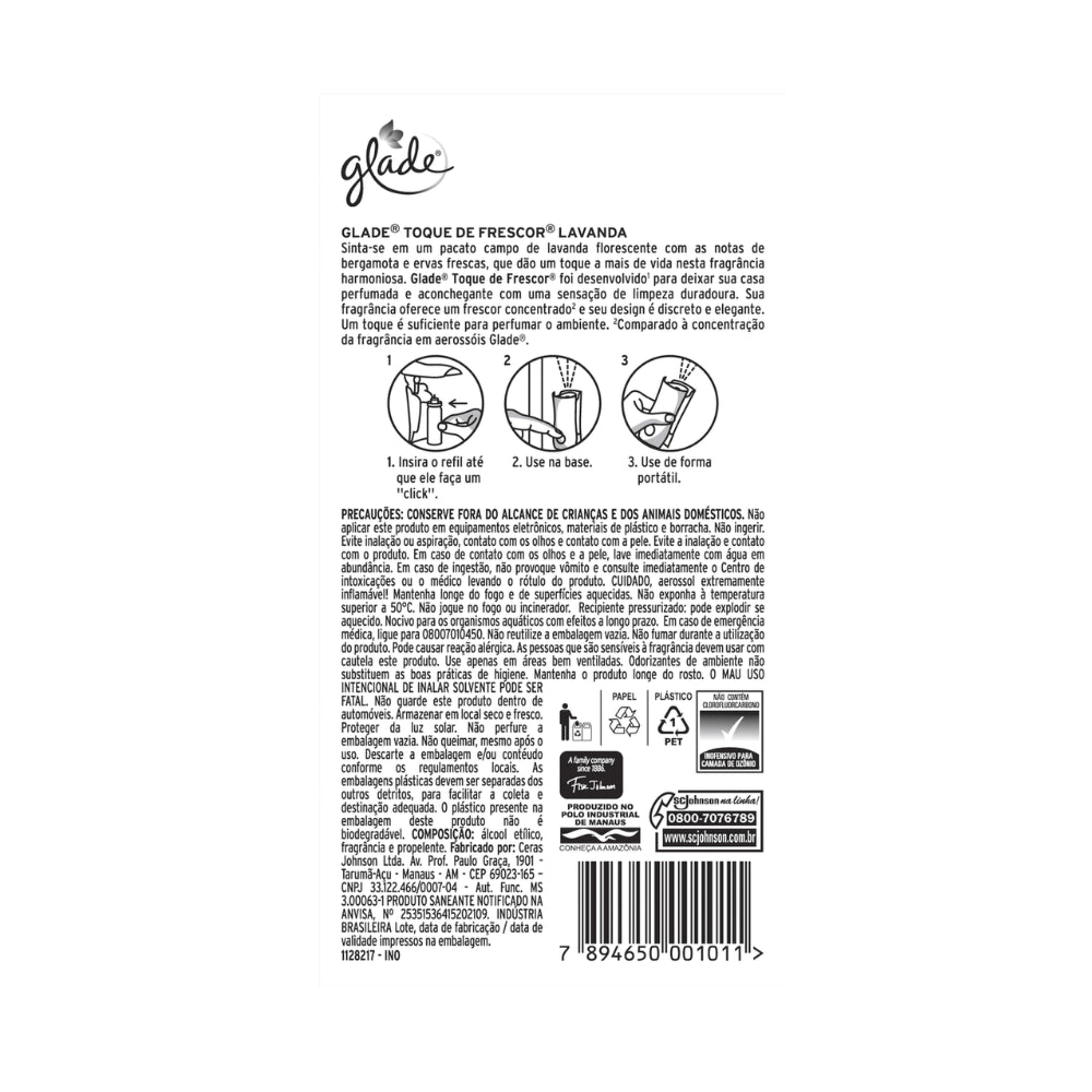 Odorizador de Ar Toque de Frescor Lavanda Glade Refil 12ml Ideal para Banheiros - e - dona