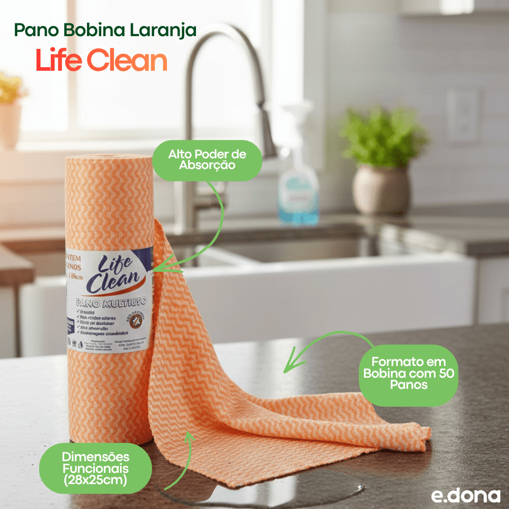 Pano Bobina 28x25m Laranja Life Clean com 50 panos - e - dona