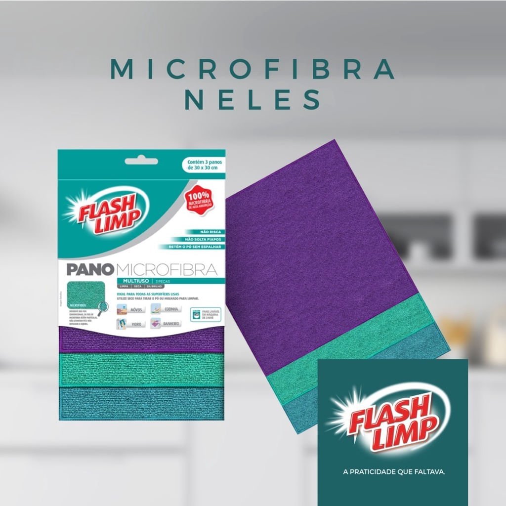 Pano de Microfibra 30x30 Flash Limp com 3 unidades - e - dona
