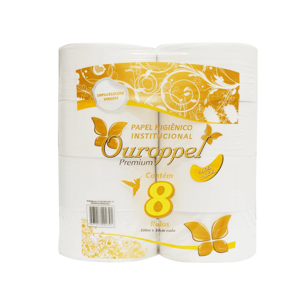 Papel Higiênico 100% celulose 10cm folha simples Ouroppel 8 rolos de 300 metros - e - dona