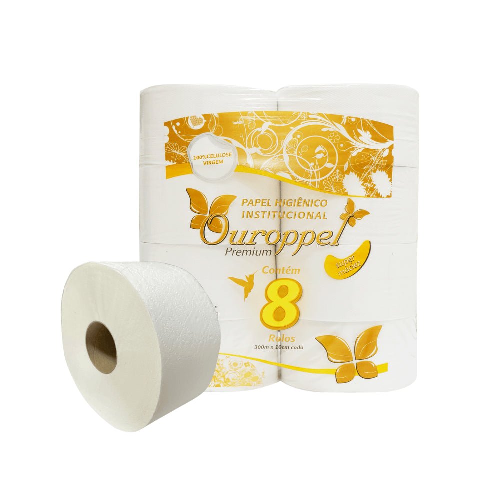 Papel Higiênico 100% celulose 10cm folha simples Ouroppel 8 rolos de 300 metros - e - dona
