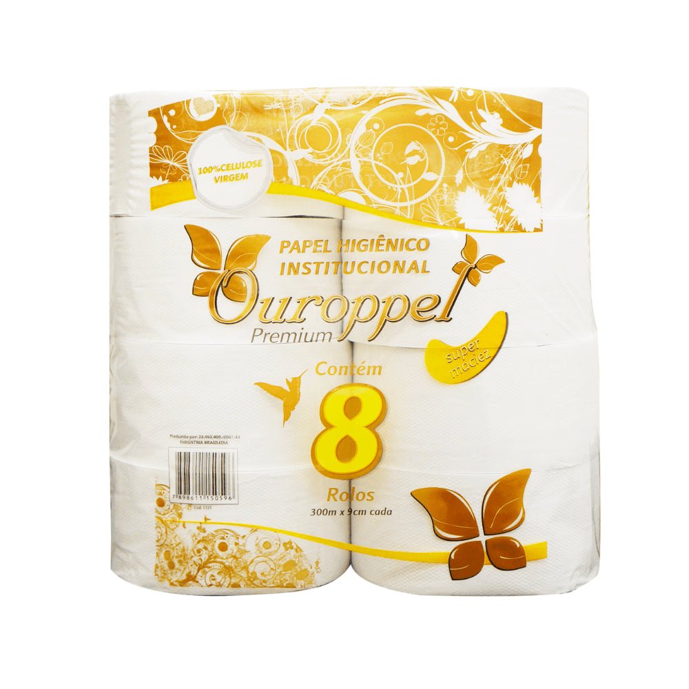 Papel Higiênico 100% celulose 9cm folha simples Ouroppel 8 rolos de 300 metros - e - dona