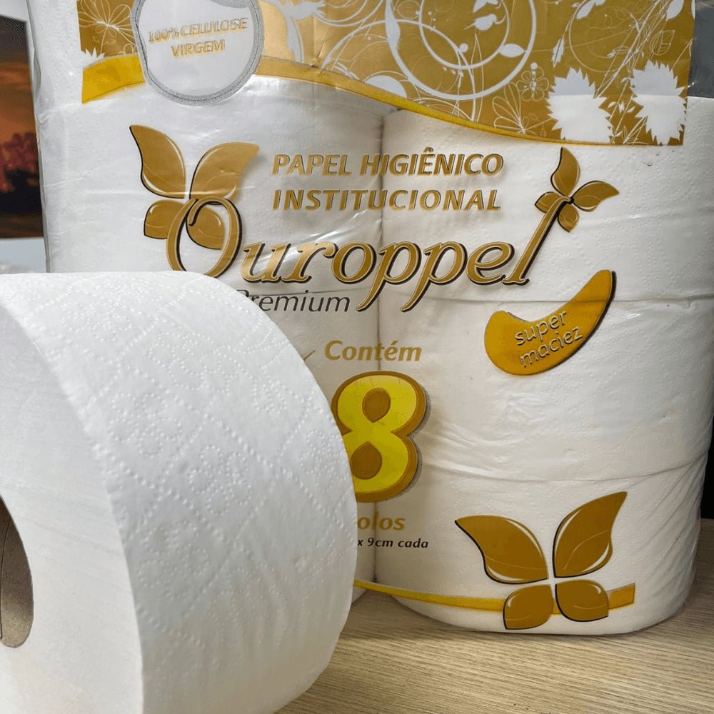 Papel Higiênico 100% celulose 9cm folha simples Ouroppel 8 rolos de 300 metros - e - dona