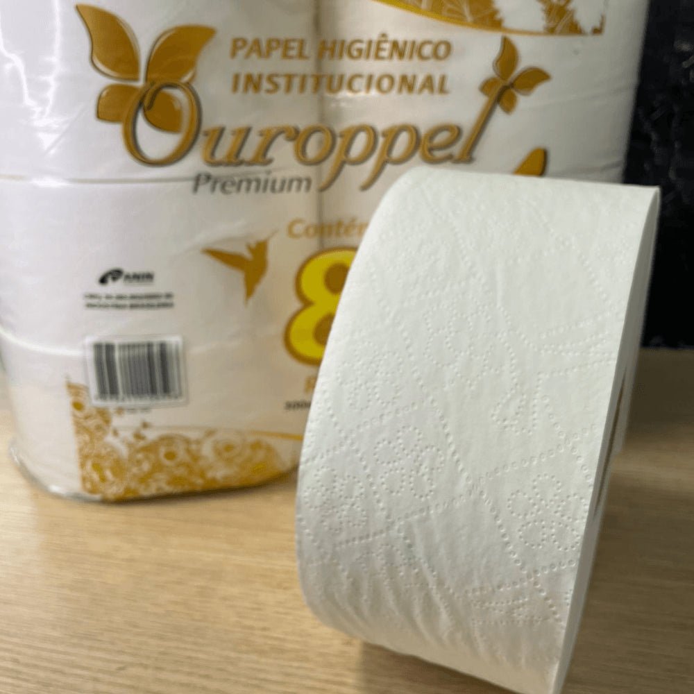 Papel Higiênico 100% celulose 9cm folha simples Ouroppel 8 rolos de 300 metros - e - dona