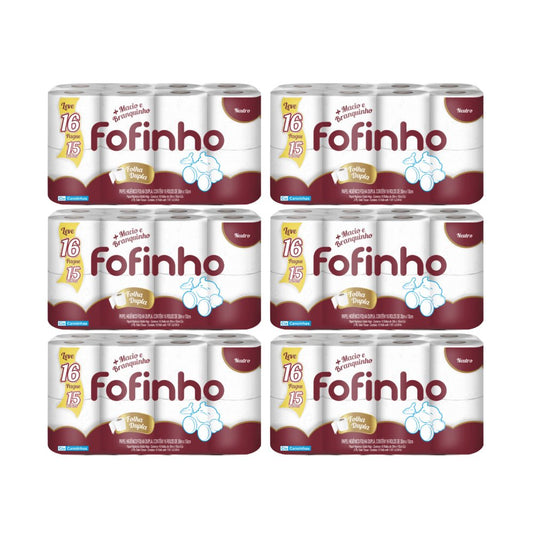 Papel Higiênico Folha Dupla Fofinho 6 pacotes com 16 rolos de 30 metros cada - e - dona
