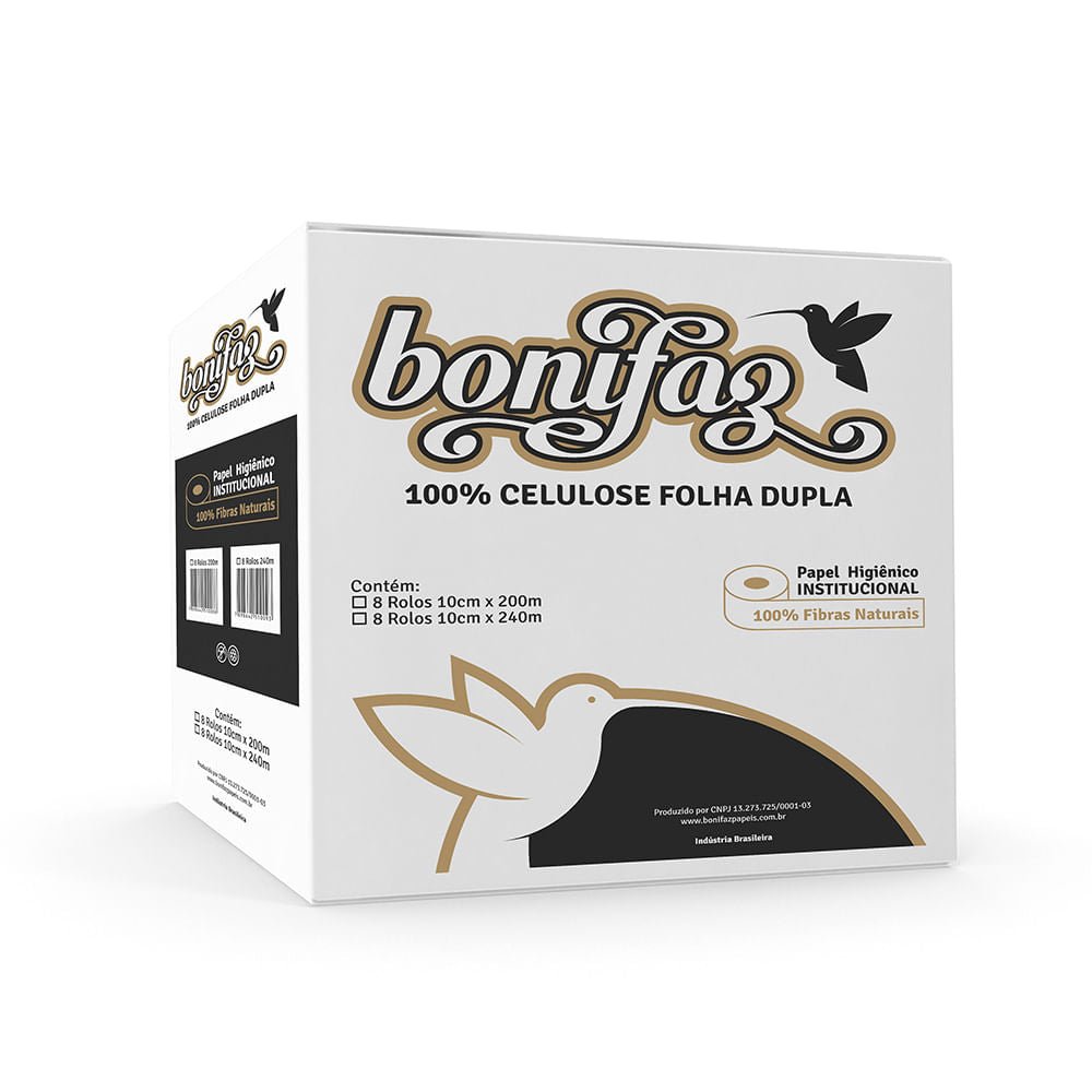 Papel Higiênico Rolão 100% Celulose Folha dupla Bonifaz 8 rolos de 200 metros - e - dona