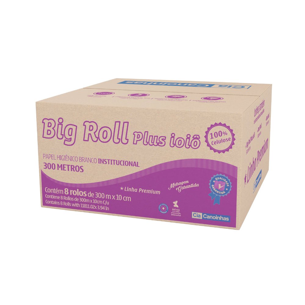 Papel Higiênico Rolão 100% celulose Folha Simples Big Roll Canoinhas com 8 rolos de 300 metros - e - dona