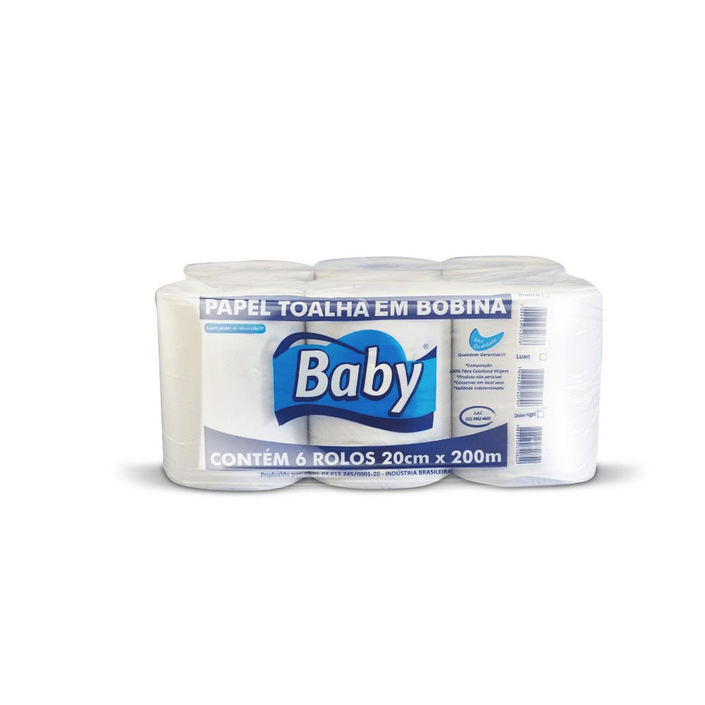 Papel Toalha Bobina 100% celulose Baby com 6 rolos de 200 metros - e - dona