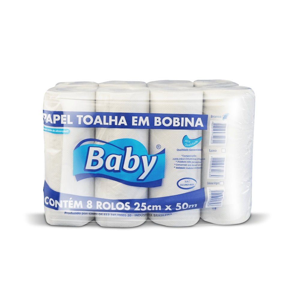 Papel Toalha Bobina Branco Baby com 8 rolos de 50 metros - e - dona
