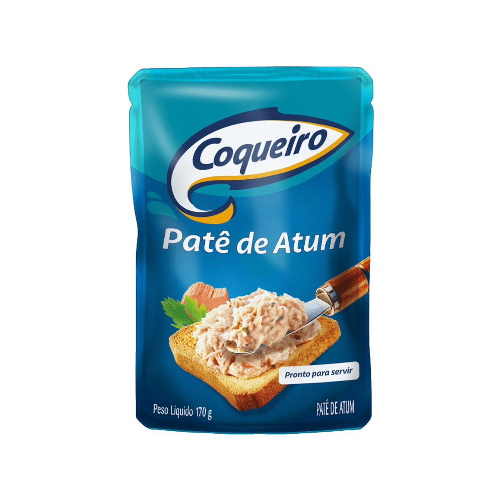 Embalagem sachê azul-petróleo de Patê de Atum Coqueiro (170 g). O rótulo mostra uma porção do patê sobre uma torrada.