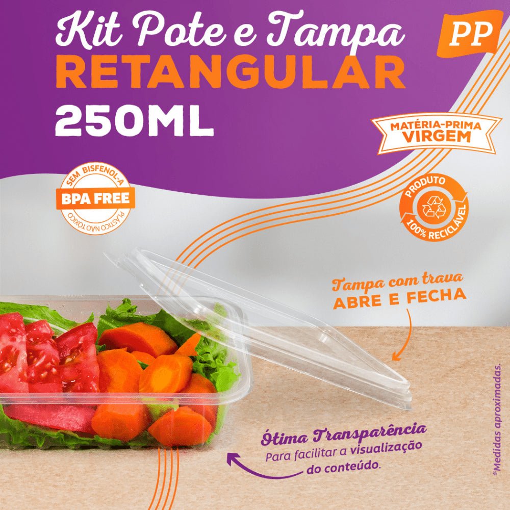 Pote 250ml Retangular Transparente com tampa Cristalcopo com 25 unidades - e - dona