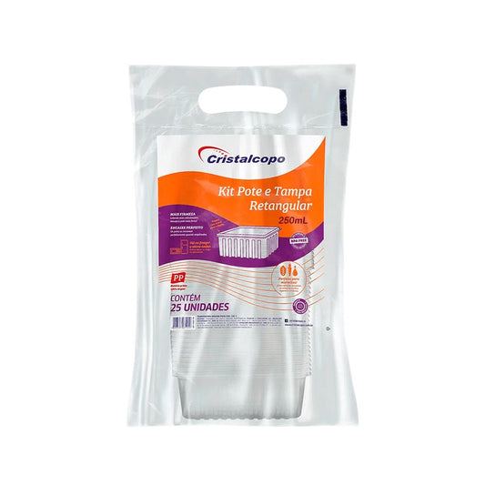 Pote 250ml Retangular Transparente com tampa Cristalcopo com 25 unidades - e - dona
